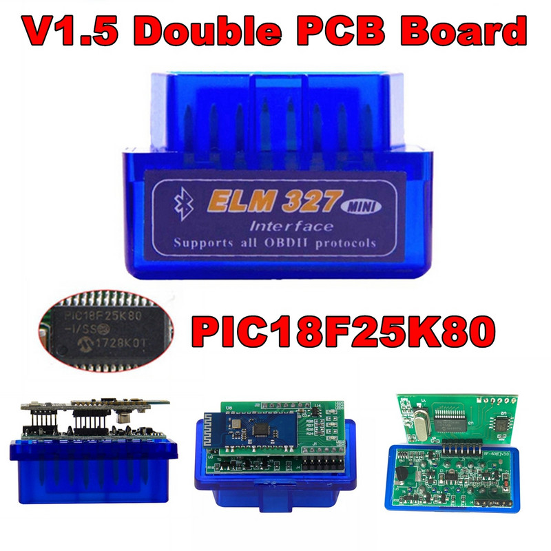 Geriausios kokybės „Bluetooth 2PCB ELM327 V1.5 PIC18F25K80 Chip Car OBD2“ sąsajos kodų skaitytuvas veikia „Android“ nuskaitymo įrankyje