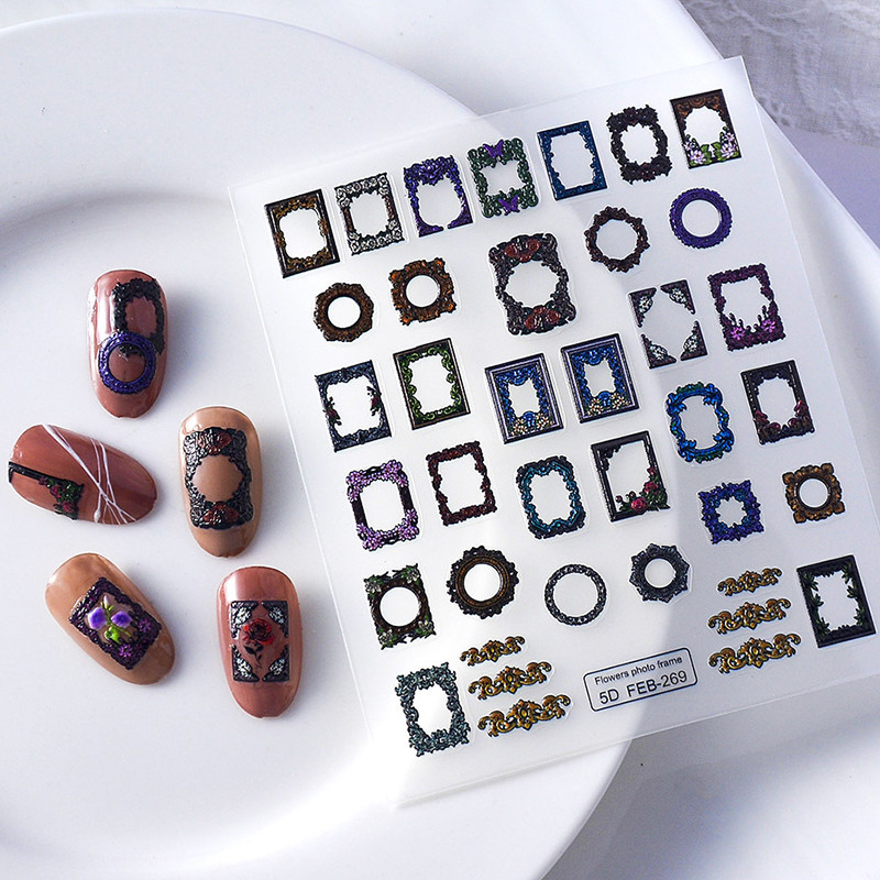 Retro lilledega pildiraam Vintage 5D pehme reljeefsed reljeefid isekleepuvad küünekunstiga kaunistused kleebis maniküüri kleebis populaarne naine