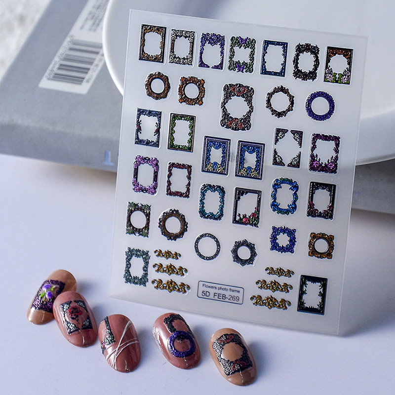 Retro lilledega pildiraam Vintage 5D pehme reljeefsed reljeefid isekleepuvad küünekunstiga kaunistused kleebis maniküüri kleebis populaarne naine
