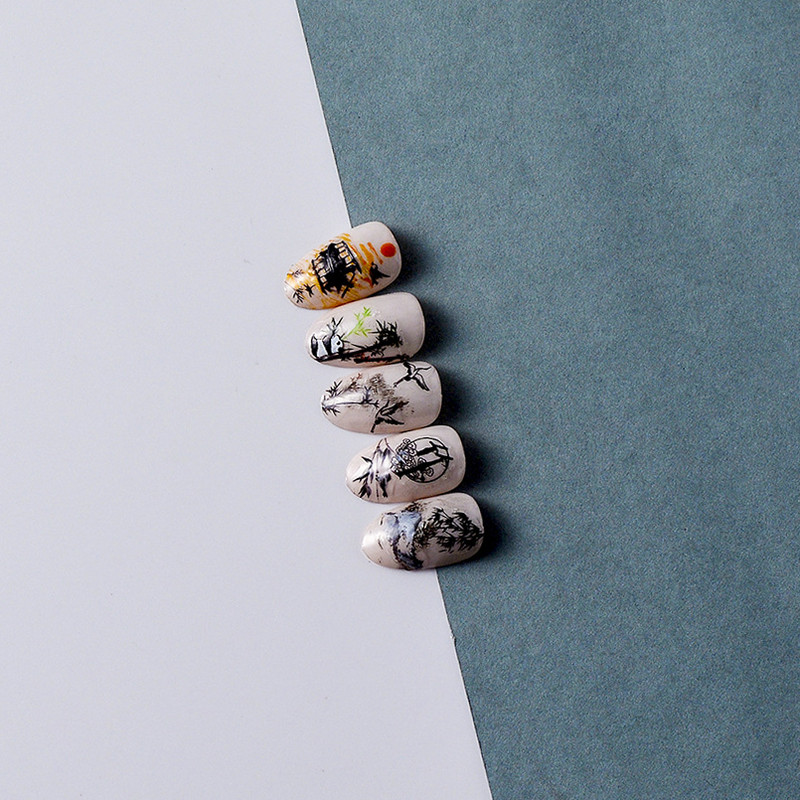 Παραδοσιακή κινεζική ζωγραφική με μελάνι χαρακτήρων Μαύρο μπαμπού Panda Orchid 3D αυτοκόλλητο αυτοκόλλητο μανικιούρ νυχιών 5D χαλκομανίες γυναίκα