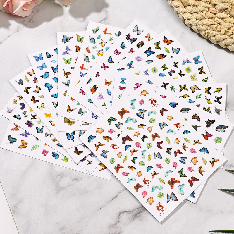 1 lakštas Nagų dailės lipdukai Spalvingi drugeliai gėlių gėlės Nugaros klijai Nagų lipdukai Manikiūro puošmena nagų galiukams Grožis
