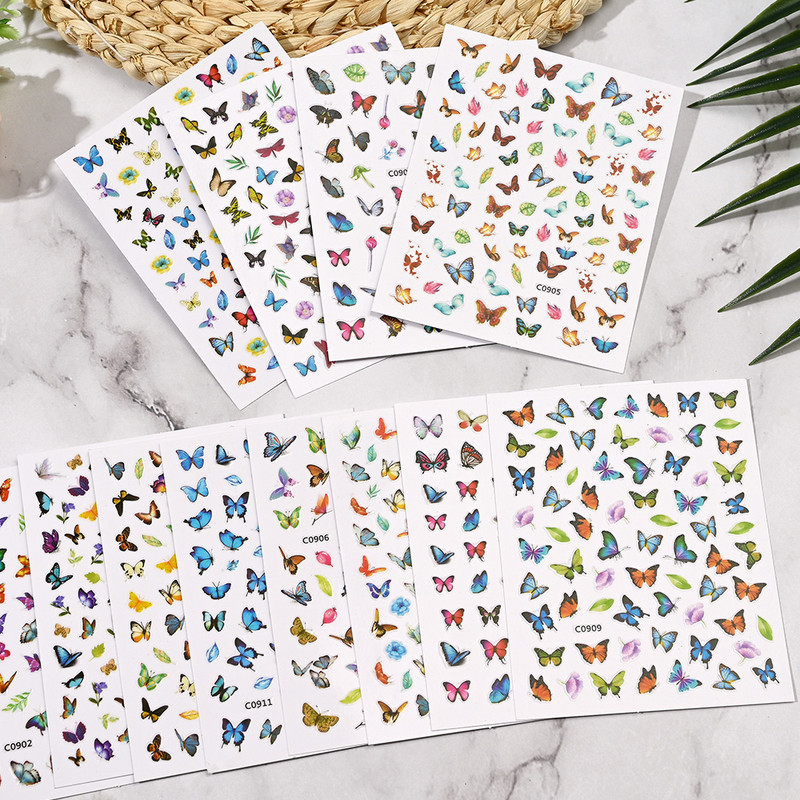 1 lakštas Nagų dailės lipdukai Spalvingi drugeliai gėlių gėlės Nugaros klijai Nagų lipdukai Manikiūro puošmena nagų galiukams Grožis