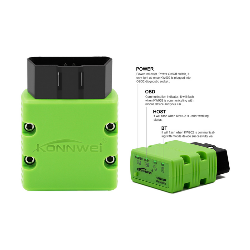 Uus Konnwei KW902 ELM327 V1.5 PIC18F25K80 Bluetooth OBD2 skanner OBD2 täielikud protokollid töötavad ICAR2 adapterina OBDII diagnostikatööriist