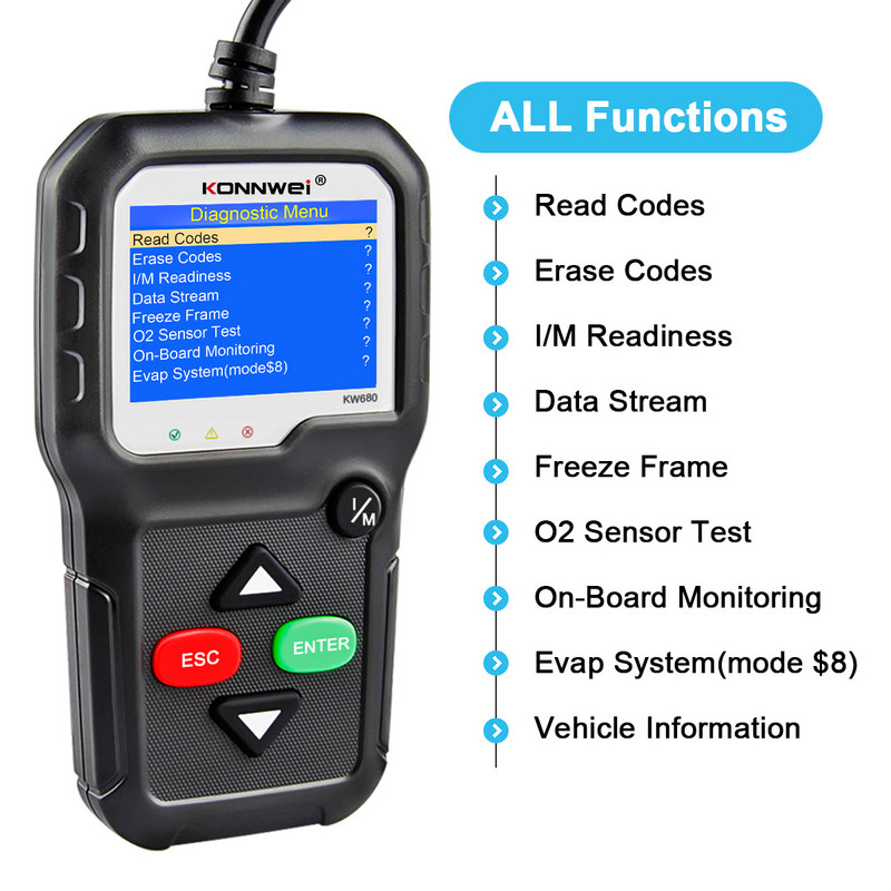 KONNWEI KW680 Full OBD2 Function 12V Car Scanner Auto Diagnostic Tool Automotive OBDII Scan 8 Languages Code Reader Nemokamas atnaujinimas