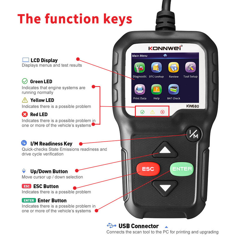 KONNWEI KW680 Full OBD2 Function 12V Car Scanner Auto Diagnostic Tool Automotive OBDII Scan 8 Languages Code Reader Nemokamas atnaujinimas