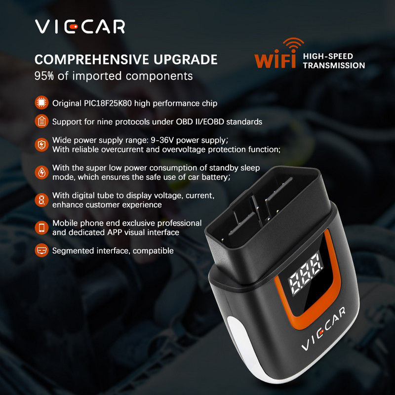 V2.2 Viecar ELM327 OBD OBD2 OBDII Αναγνώστης κώδικα WIFI Bluetooth 4.0 USB Type-c για Android/IOS Διαγνωστικός σαρωτής αυτοκινήτου ELM 327