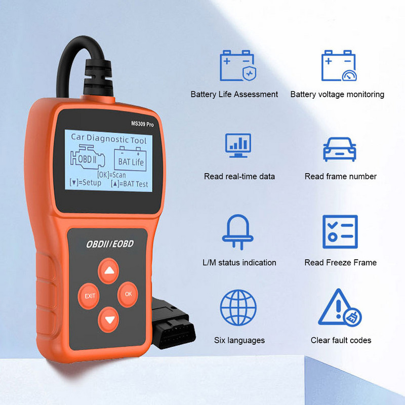 MS309 Pro Battery Tester Ανιχνευτής σφαλμάτων αυτοκινήτου OBD2 EOBD Scanner Code Reader Auto Engine Diagnostic Scan Tool with Multi-Languages