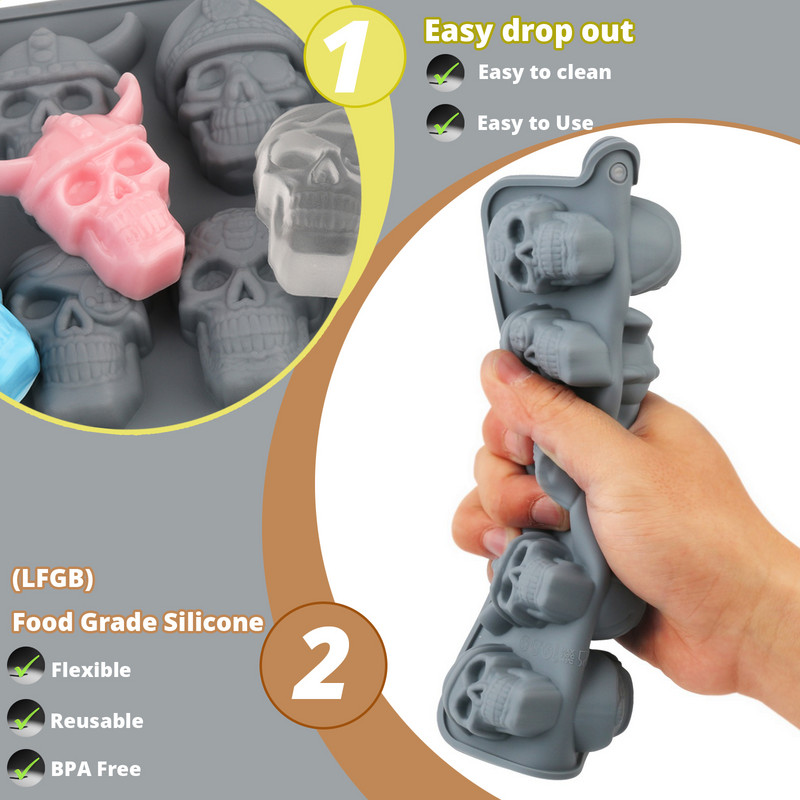 10 ląstelių 3D kaukolės ledo kubelio forma Silikono ledo kubelių padėklas ledo kubelių gaminimo mašina „pasidaryk pats“ viskio kokteilių ledo rutuliukų forma šokolado tešlos forma