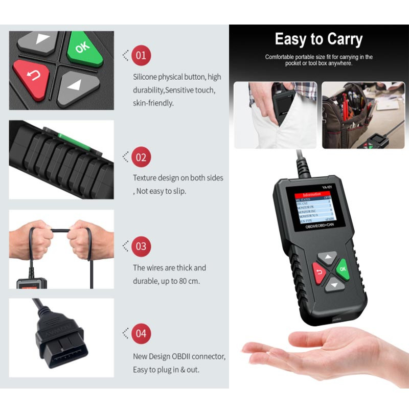 Automobilski OBDII puni dijagnostički OBD2 skener YA101 za 12V automobilski motor Dijagnostički alat Automobilski OBDII čitač kodova ELM327 čitač kodova
