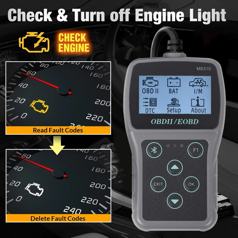 2023 m. naujas MS310 OBD2 skaitytuvas, automobilio diagnostikos įrankis, akumuliatoriaus testeris, automobilio gedimų kodų skaitytuvas, automobilio variklio testerio analizatorius, 2,4 colio ekranas