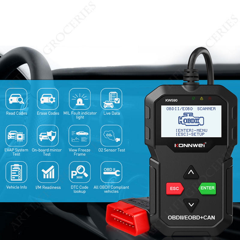 KONNWEI KW590 OBD2 auto veadiagnostika instrument 12V auto veoauto detektor skanner CAN J1850PWM J1850VPW ISO9141 KWP2000
