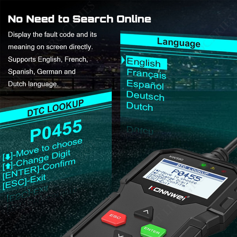 KONNWEI KW590 OBD2 auto veadiagnostika instrument 12V auto veoauto detektor skanner CAN J1850PWM J1850VPW ISO9141 KWP2000