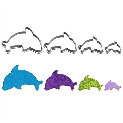 Négy specifikáció Rajzfilm tengeri emlősök, kis delfin, műanyag formák, tortafond eszközök, sütemény sushi és gyümölcsvágók