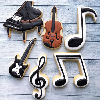 Музикална форма за бисквитки KENIAO - цигулка, пиано, електрическа китара, музикална нота, форма за хляб с бисквитен фондан G Clef - неръждаема стомана