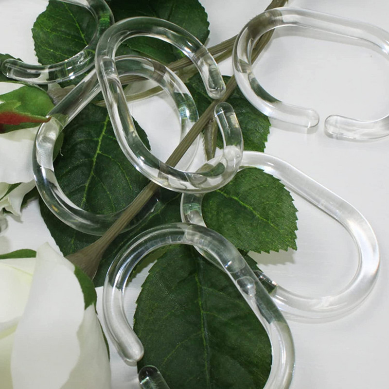 12 komplekti dušikardinakonksud, läbipaistvad dušikonksud dušikardina jaoks, esmaklassilised plastikust dušikardinarõngad (selged)