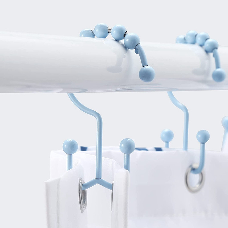 12 dalių dušo užuolaidų kablio žiedas, rūdims atsparus metalinis dvigubas stumdomas dušo kablio žiedas, tinkamas vonios kambario dušo užuolaidų strypui, mėlynas