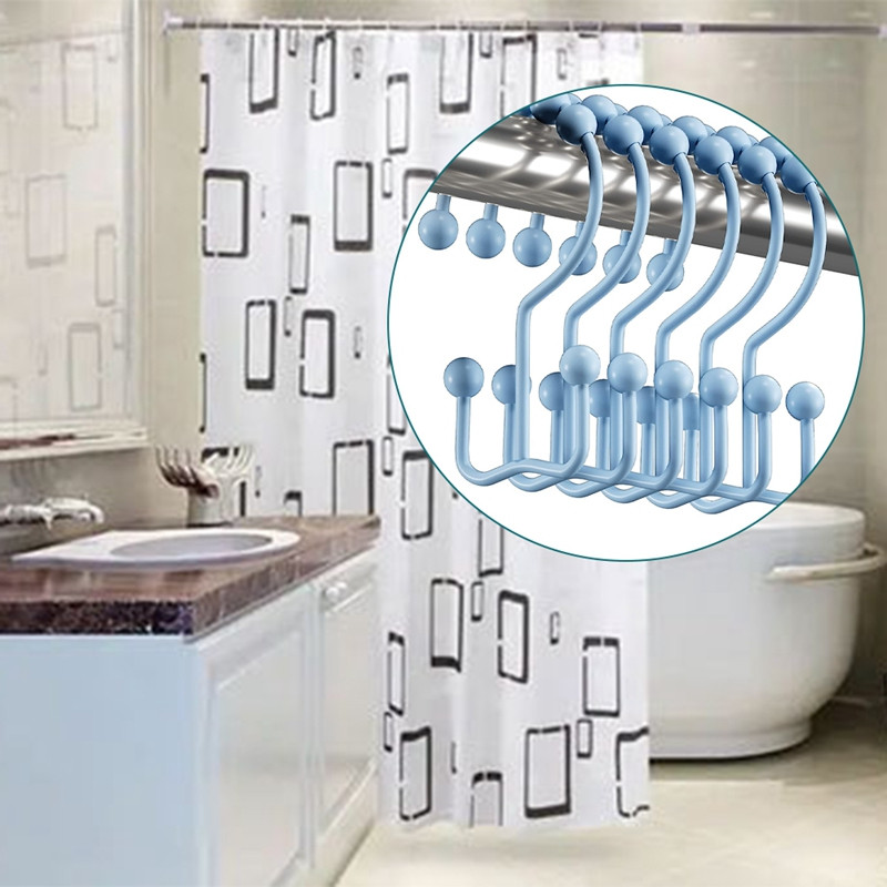 12 dalių dušo užuolaidų kablio žiedas, rūdims atsparus metalinis dvigubas stumdomas dušo kablio žiedas, tinkamas vonios kambario dušo užuolaidų strypui, mėlynas