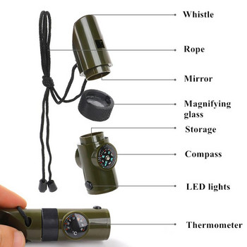 Мултифункционална свирка за оцеляване 7 в 1 Професионална свирка за оцеляване на открито с ремък и LED светлинен компас