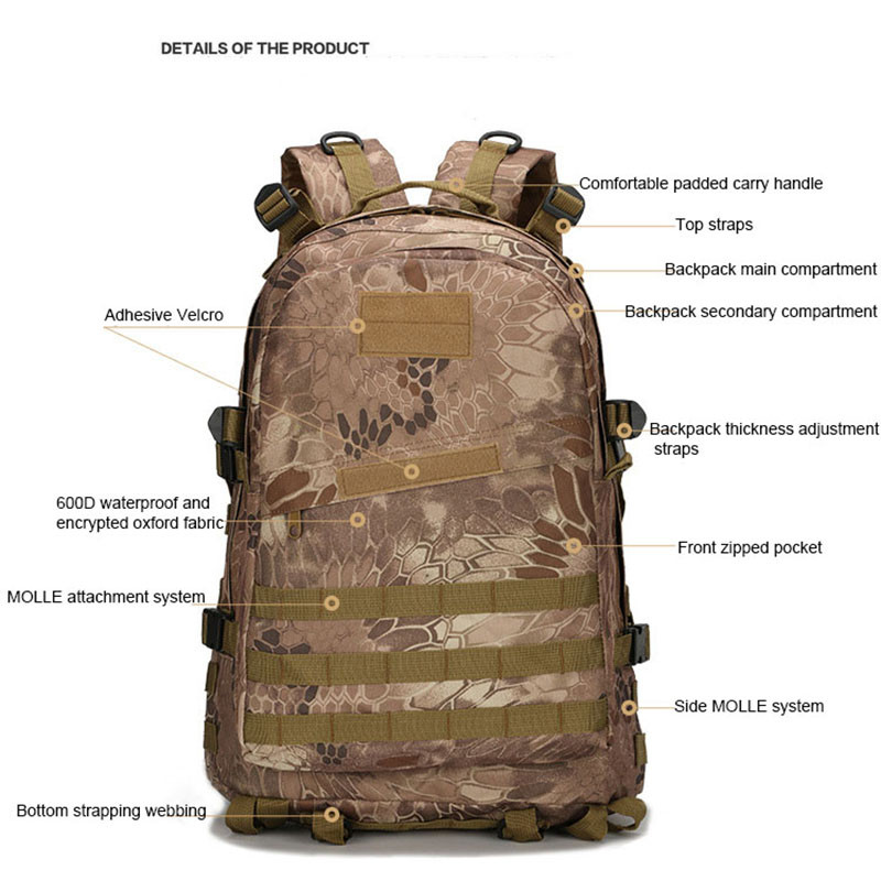 Torba za planinarenje, muški vojni taktički ruksak od 40 l, muške vodootporne torbe za sportove na otvorenom, prijenosni 3D ruksak otporan na habanje