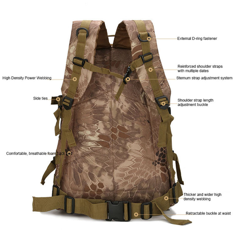 Torba za planinarenje, muški vojni taktički ruksak od 40 l, muške vodootporne torbe za sportove na otvorenom, prijenosni 3D ruksak otporan na habanje