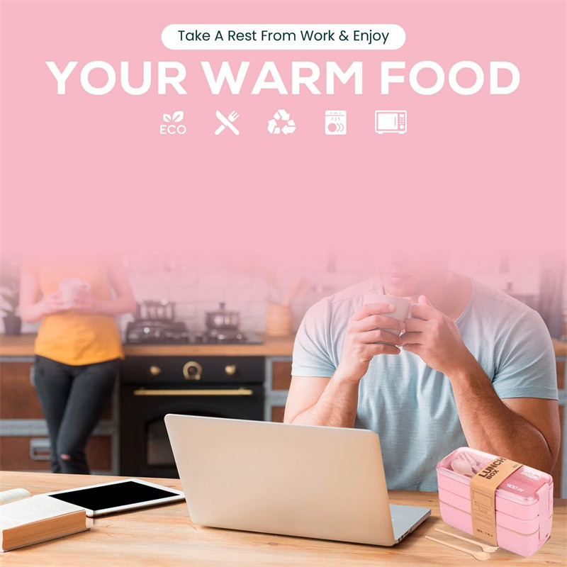 Trys viename skyriai kviečių šiaudų Bento dėžutė Daugkartinio naudojimo stalo reikmenys pietų indai Maisto ir užkandžių maisto indai Nešiojama priešpiečių dėžutė