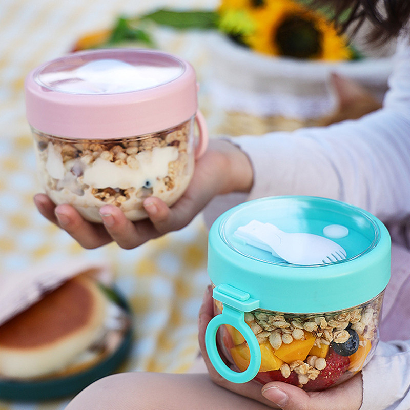 600 ml Avižinių dribsnių puodelio salotų puodelis Hermetiškas dangtelis, sutirštintas šaukštu Maisto saugojimas Nešiojamas nakčiai jogurto pieno salotų pusryčių stiklainis