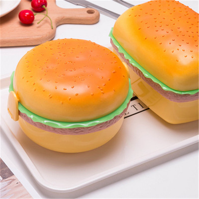 Cutie de prânz cu hamburger, cu două niveluri, cutie bento cu burger drăguț, cuptor cu microunde pentru copii, recipient pentru mâncare, furculiță, set de veselă