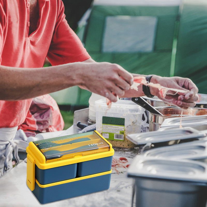 1400 ml skyrių priešpiečių dėžutės plastikinės dvisluoksnės maisto laikymo talpyklos, kuriose nėra BPA, pietų indai su indais mokykliniams vaikams