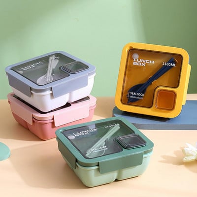 850/1100ML Кутия за обяд Прахоустойчив капак Дизайн на отделение Студенти Преносим калъф Bento с лъжица Пръчици Ежедневна употреба
