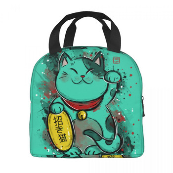 Kawaii Maneki Neko Изолирани чанти за обяд за жени Lucky Cat Преносим термичен охладител Bento Box Работа Училище Пътуване