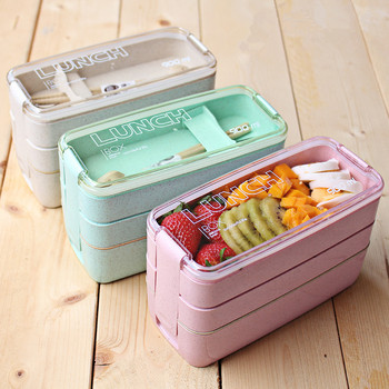 Layer Bento Box Микровълнова нагревателна запечатана преносима кутия за обяд от пшенична слама със сервизи за пикник Кутия за офис работник Комплект за съхранение на храна