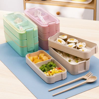 Layer Bento Box Apkure mikroviļņu krāsnī, aizzīmogota pārnēsājama kviešu salmu pusdienu kaste ar galda piederumiem piknika biroja strādnieku kastes pārtikas uzglabāšanas komplekts