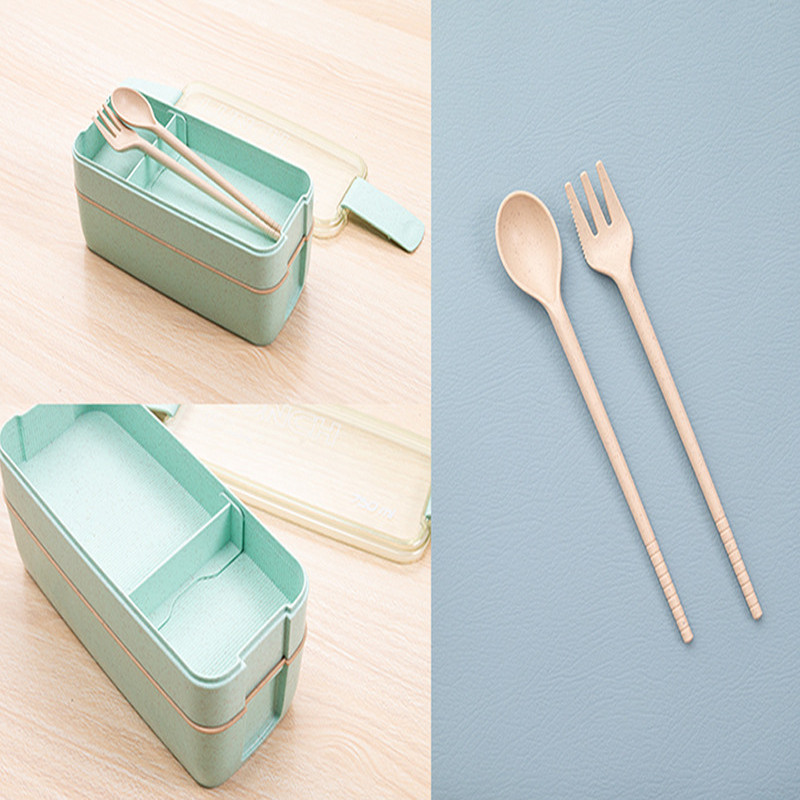 Layer Bento Box Šildymas mikrobangų krosnelėje Uždaryta nešiojama kviečių šiaudų priešpiečių dėžutė su stalo reikmenimis Pikniko biuro darbuotojo dėžutės maisto laikymo rinkinys