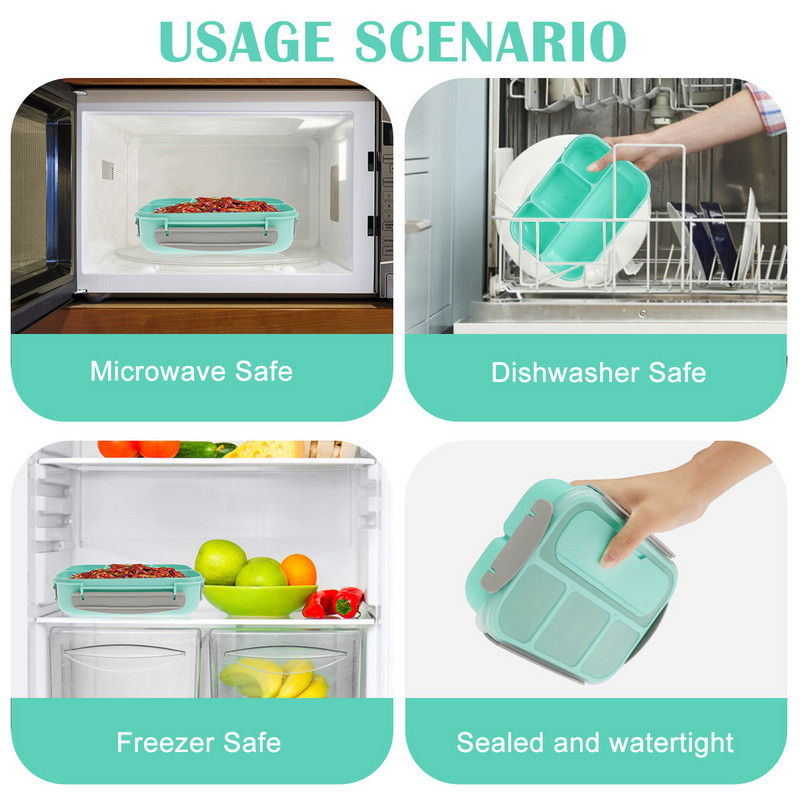 Kutija za ručak 1300 ml 4 odjeljka Bento kutija bez BPA Zatvorena nepropusna kutija za obrok Posude za ručak Nepropusna mikrovalna perilica posuđa