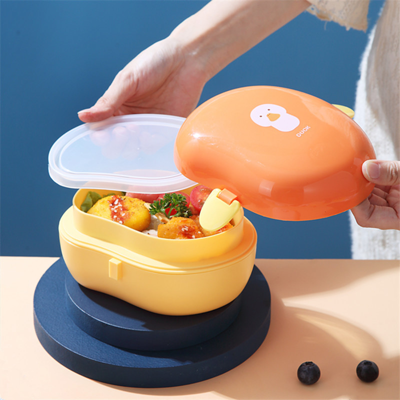 Mažos geltonos anties animacinių filmų priešpiečių dėžutė 2 sluoksnių vaisių sumuštinių Bento dėžutė vaikams, studentų nešiojama miela maisto laikymo dėžutė