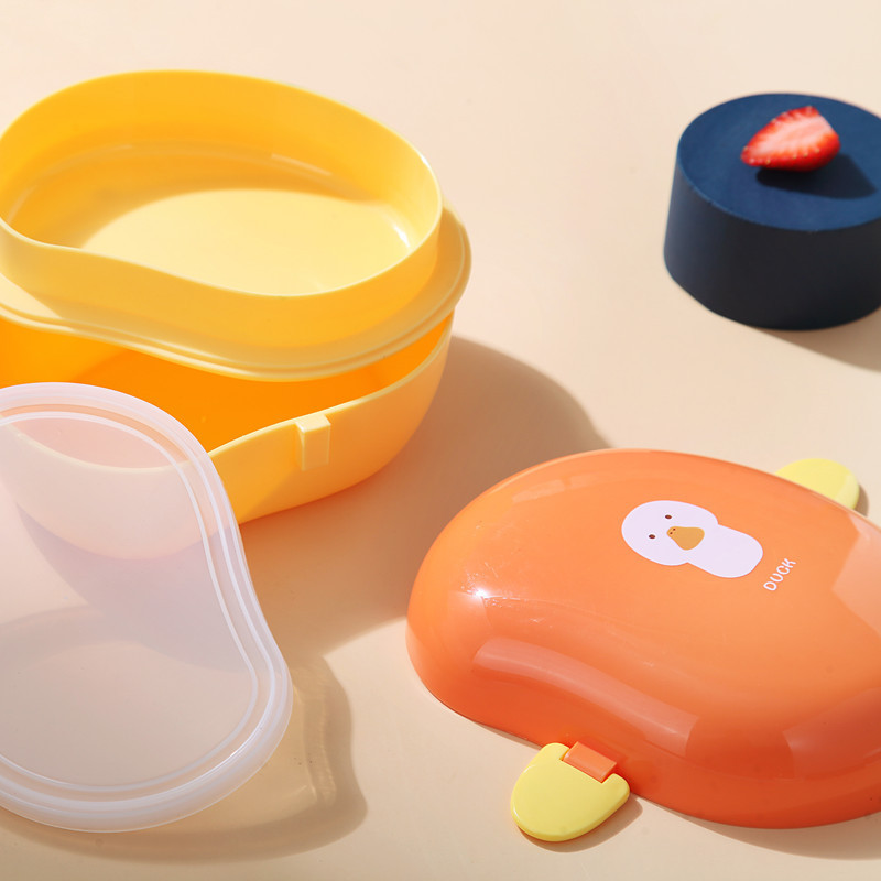 Mažos geltonos anties animacinių filmų priešpiečių dėžutė 2 sluoksnių vaisių sumuštinių Bento dėžutė vaikams, studentų nešiojama miela maisto laikymo dėžutė