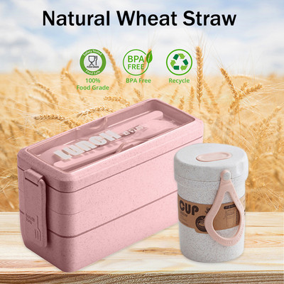 1000 ml-es búzaszalmából készült ebédlődoboz gyerekeknek, 3 rétegű, szivárgásmentes Bento doboz, rekeszes élelmiszertárolóval, hordozható mikrohullámú sütőben használható ebédlődoboz