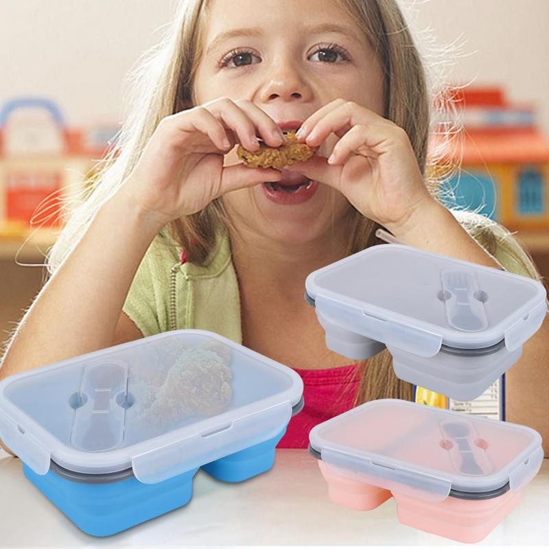 Πτυσσόμενο Bento Box Σιλικόνη Πτυσσόμενο Bento Box Two Grid Silicone Lunch Box Φορητό κουτί γεύματος Δοχεία αποθήκευσης τροφίμων