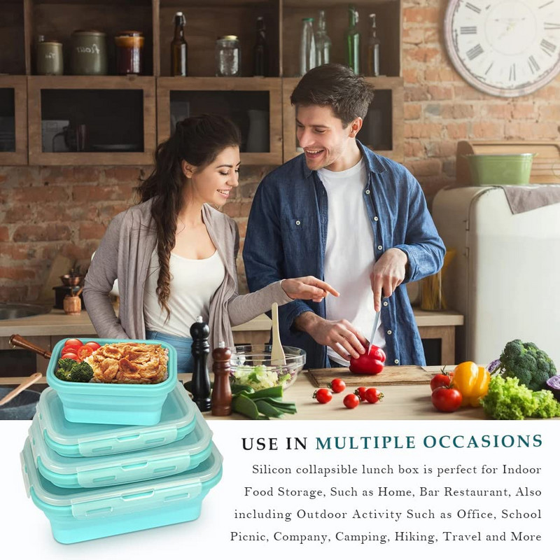 Sklopiva silikonska kutija za ručak Bento kutije Posuda za pripremu obroka za kuhinjsku mikrovalnu pećnicu Zamrzivač i perilica posuđa Set od 4 komada