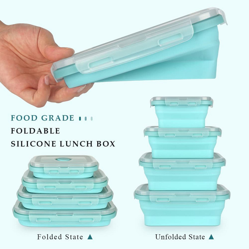 Sklopiva silikonska kutija za ručak Bento kutije Posuda za pripremu obroka za kuhinjsku mikrovalnu pećnicu Zamrzivač i perilica posuđa Set od 4 komada