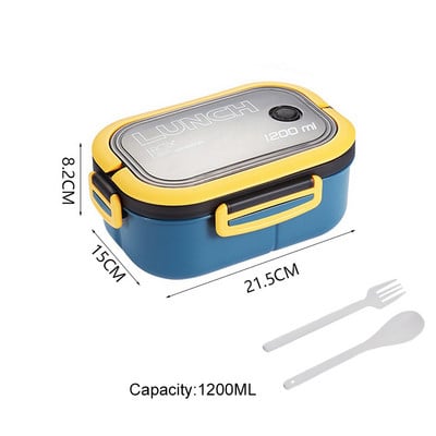 Kutija za ručak od 1200 ml za dijete, 2 sloja Bento kutija za mikrovalnu pećnicu sa žlicom, vilicom, prijenosna nepropusna studentska posuda, kutije za hranu za voće
