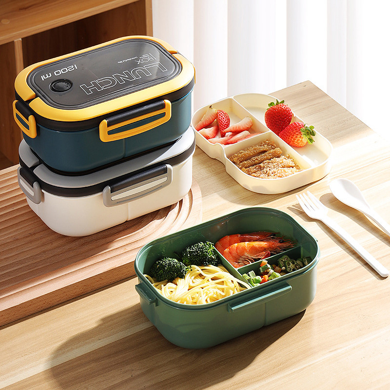Kutija za ručak od 1200 ml za dijete, 2 sloja Bento kutija za mikrovalnu pećnicu sa žlicom, vilicom, prijenosna nepropusna studentska posuda, kutije za hranu za voće
