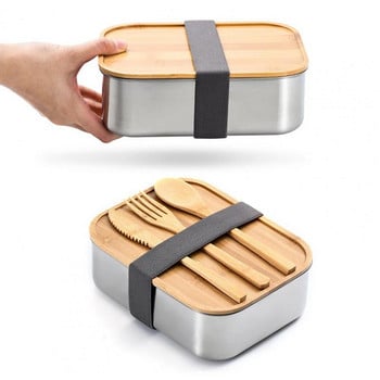 550/850 ml Bento Lunch Box Container Кутия за суши с бамбуков капак Офис от неръждаема стомана в японски стил за ежедневието