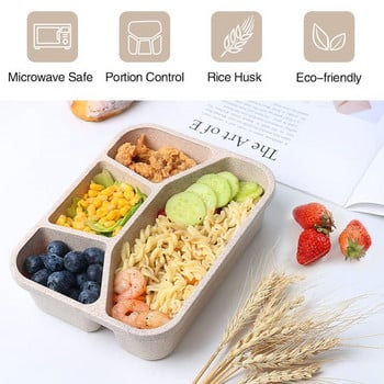 Микровълнова кутия за обяд4 решетки Пшенична слама Съд за хранене Контейнер за съхранение на храна Детска училищна преносима кутия Bento Детски инструменти без BPA