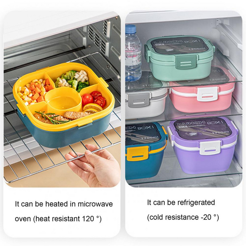 1 komplekt 1200/1700 ml lõunasöögikarp koos lusikakahvliga kahekihiline toidu säilitamise Bento Box mikrolaineahjus ohutu pandlaga salatikonteiner