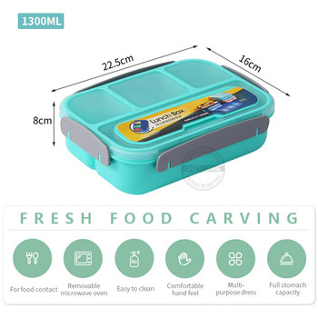 1300ml Bento Box 4 Διαιρεμένο κουτί γεύματος με πιρούνι για ενήλικες Παιδιά νήπια Bento Lunch Box Δοχεία μεσημεριανού γεύματος Δοχεία με προστασία από διαρροές Φούρνος μικροκυμάτων