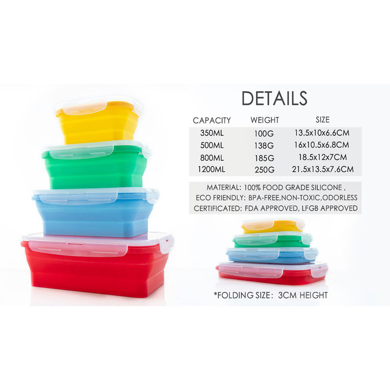 FDA 350/500/800ML Bento kutija za mikrovalnu pećnicu Silikonska sklopiva kutija za ručak, prijenosna plastična posuda za salatu, voće i hranu Kutija za pohranu