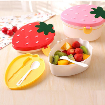 Детска сладка кутия за обяд във форма на ягода с вилица, лъжица, 2-слойна хранителна кутия с голям капацитет за съхранение на плодове, кутия Bento