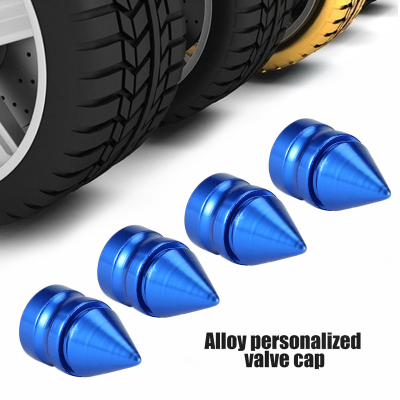 4 vnt / rinkinys Aliumininiai automobilių ratų padangų vožtuvų dangteliai, automatinio motociklo kūgio formos dulkėms nepralaidūs hermetiški koto oro dangteliai automobilių priedai