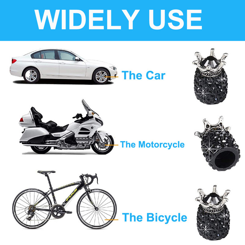 Capace pentru supape cu coroană neagră Bling, capace universale pentru supape pentru anvelope auto antipraf pentru mașini, SUV-uri, biciclete și biciclete, camioane, motociclete